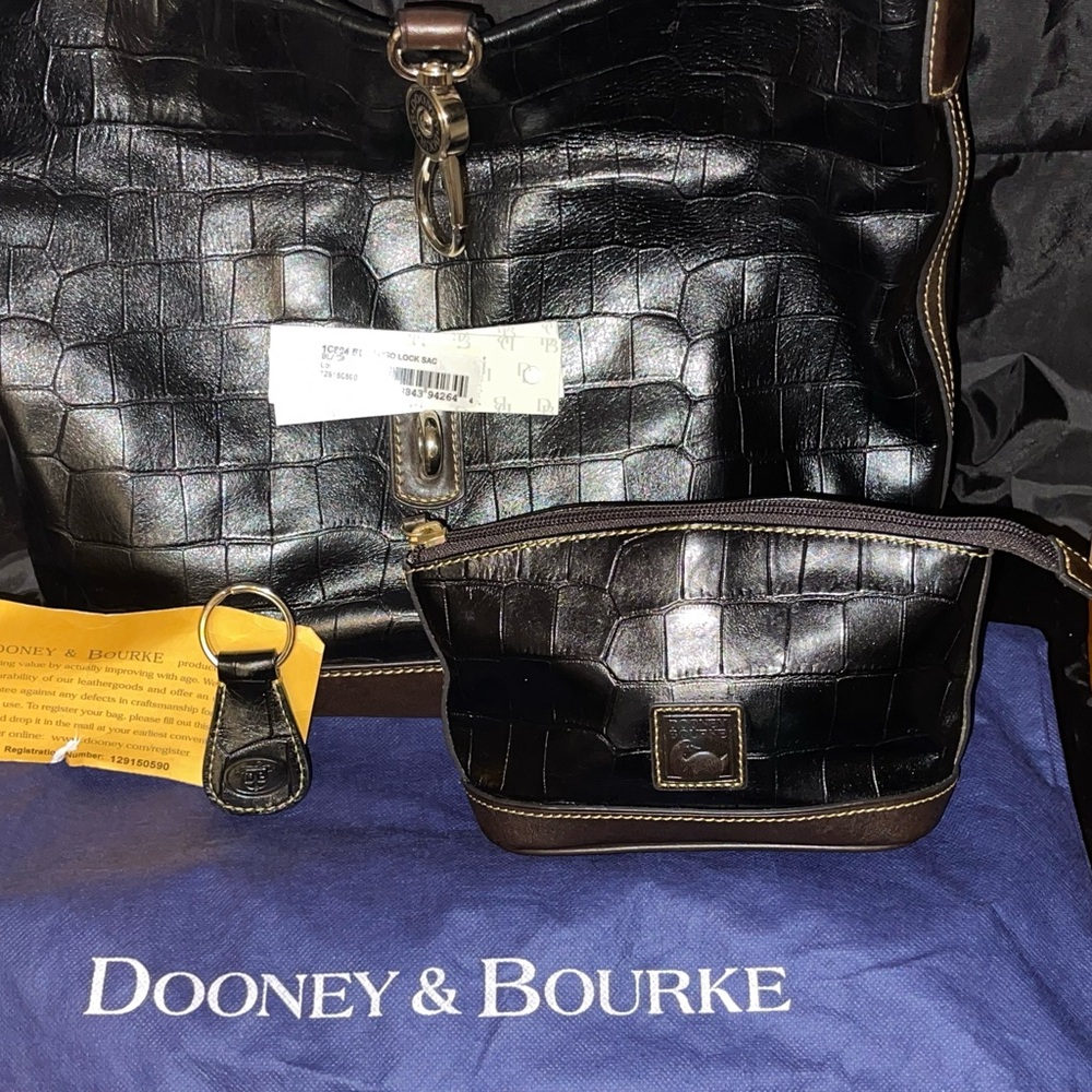 Dooney & Bourke Black Croc Leather Shoulder Bag & cosmetic bag New